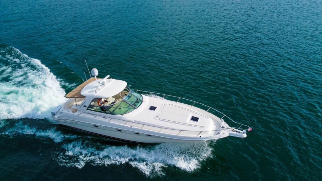 Aerial view of a boat on Lake Travis