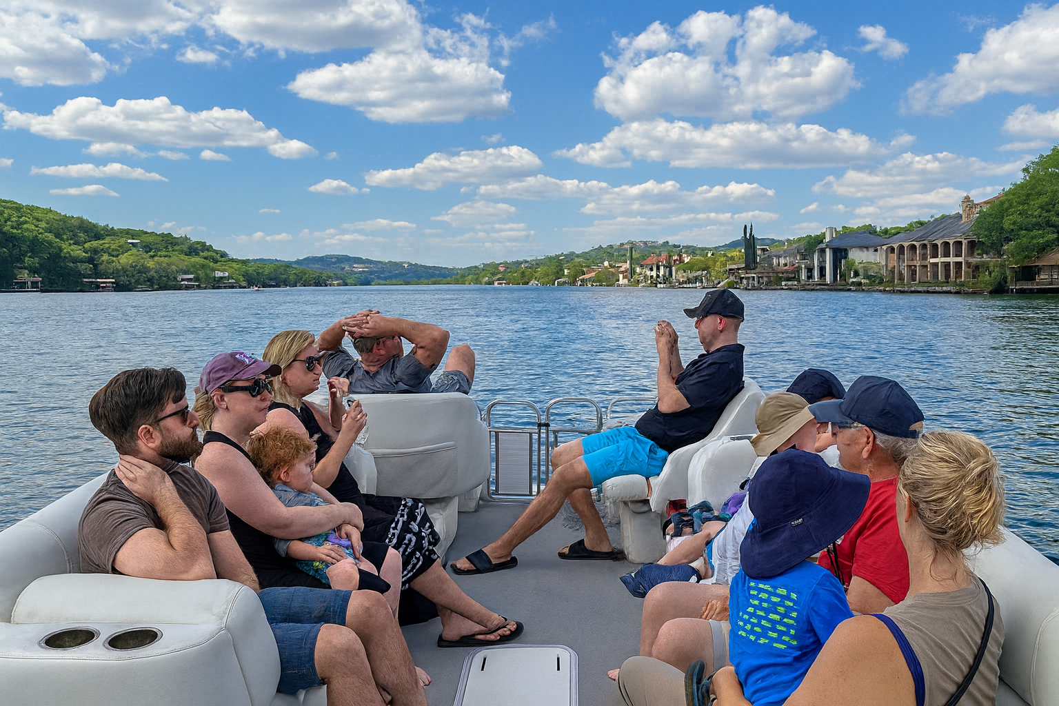 Group of families relaxing on a pontoon boat ride, enjoying scenic lake views under a blue sky with scattered clouds.